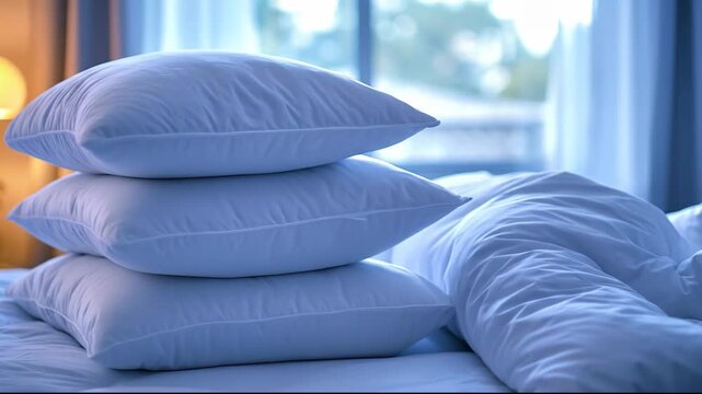 A cozy stack of white pillows on a serene bed setting.