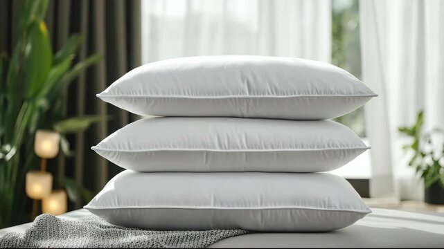 Three white pillows stacked in a bright, modern interior setting.