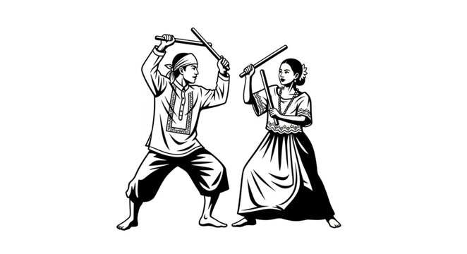 Filipino martial arts practitioners demonstrating stick fighting techniques in combat.