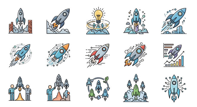 Collection of Various Cartoon Rocket Ship Designs.