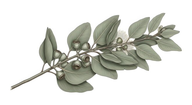 A detailed botanical illustration of eucalyptus branch with gum nuts and delicate white flowers, set against a pristine white background, showcasing natural beauty