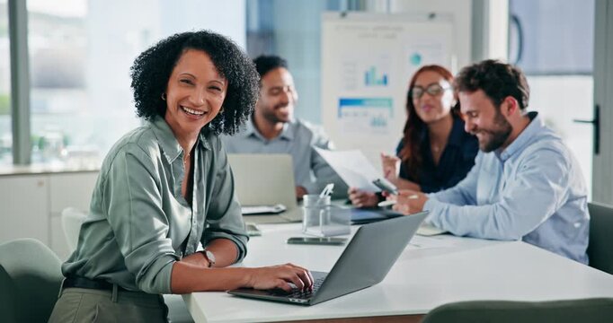 Face, laptop and smile of business woman in boardroom for start of financial meeting or review. Collaboration, computer and wealth management with happy accountant in workplace for online planning