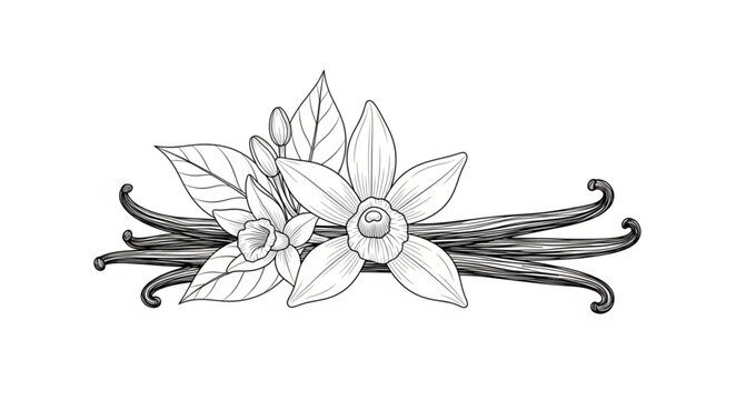 Elegant illustration of vanilla flowers and pods, showcasing natural beauty and aromatic essence.