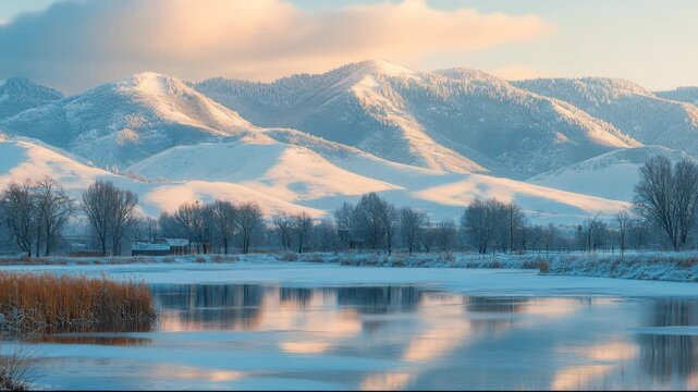 A tranquil winter landscape with snowy mountains and reflective water.