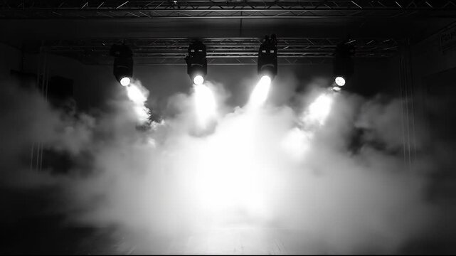 A dramatic stage scene with lights cutting through fog.