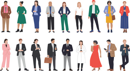 Diverse business people and professionals standing in stylish formal outfits corporate team characters isolated flat vector illustration collection