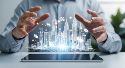 Fototapeta premium Digital Cityscape Hologram with Percentage Symbols Emerging from Tablet Screen, Futuristic Financial Technology Concept