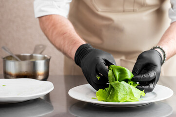 A chef in black gloves is plating vibrant green spinach crepes on a white ceramic plate in a professional kitchen.