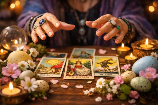 A tarot reader"s hands hover over tarot cards surrounded by candles, flowers, and decorated eggs in a mystical, warm setting.
