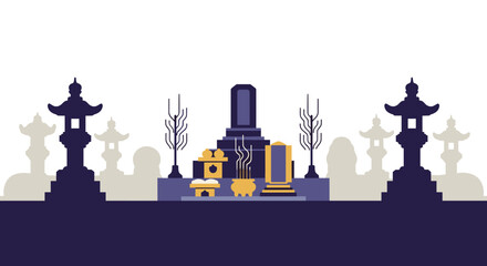 Obraz premium Obon Festival Ancestral Altar with Lanterns and Temple Silhouettes, Traditional Japanese Memorial Ceremony Illustration