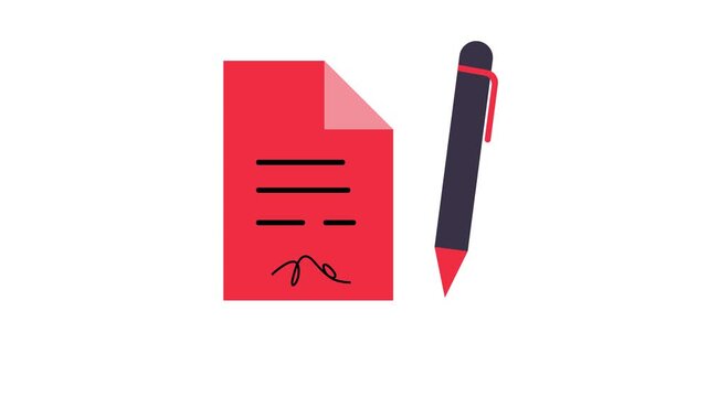 Contract signing with pen on red document
