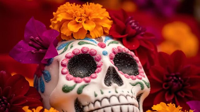 A decorated sugar skull with colorful flowers on a vibrant background