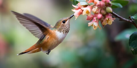 Fototapeta premium Hummingbird feeds on flowers in garden during sunny afternoon