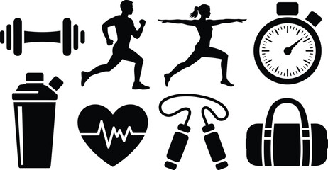 fitness and exercise icon set featuring dumbbell running yoga pose stopwatch protein shaker heart rate jump rope and gym bag. © CLOCK TIME