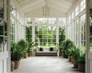 Obraz premium Classic Victorianstyle conservatory with crystal chandelier and exotic indoor plants