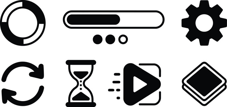 Adobe Illustrator Artwork loading progress bar and status icon set featuring circular buffer bar hourglass refresh gear and play symbols for web.
