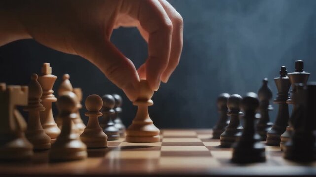 The initial move in a strategic game of chess, symbolizing crucial decision-making and the beginning of a thoughtful challenge on the path to victory