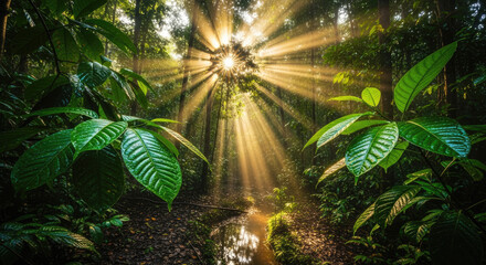 Obraz premium Sunlight filtering through dense green rainforest foliage with a small stream.