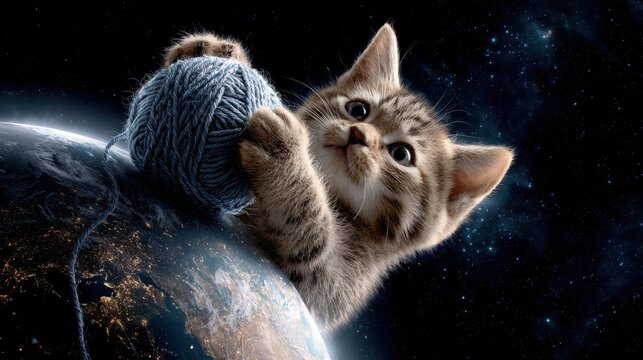 Cute Cat Playing with Yarn in Outer Space Above Earth