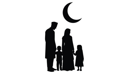 Muslim family stands together under a crescent moon silhouette © Sogir