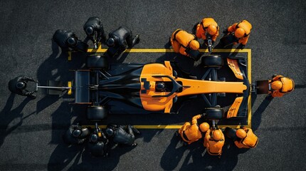 Naklejka premium Birds eye view orange and black formula race car serviced by pit crew. Concept of competitive motorsport logistics, high speed pit lane service, professional race team performance.