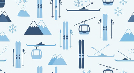 Winter mountain ski resort seamless pattern with skis and gondolas. © Usman