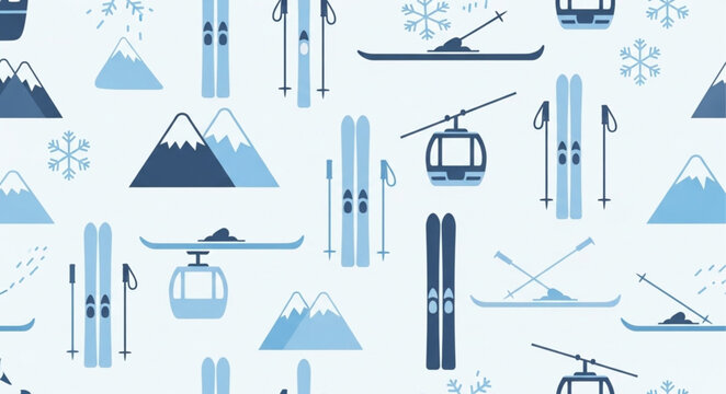 Winter mountain ski resort seamless pattern with skis and gondolas.