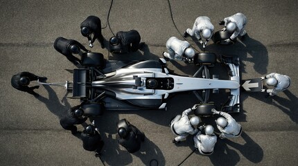 Fototapeta premium High angle overhead silver formula race car with directional arrow in pit lane. Concept of strategic race planning, motorsport workflow management, precision engineering teamwork.