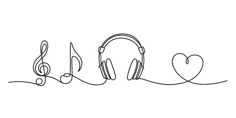 Continuous one line drawing of treble clef music note headphones and heart symbol on white © D-Stocker2026