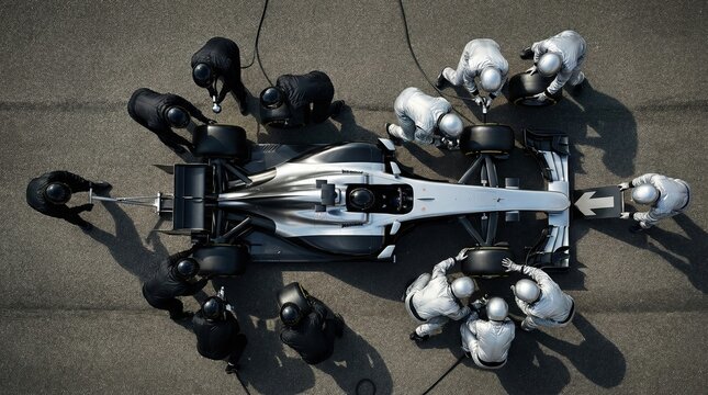High angle overhead silver formula race car with directional arrow in pit lane. Concept of strategic race planning, motorsport workflow management, precision engineering teamwork.