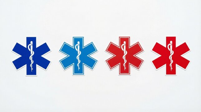 Emergency medical Star of Life icons set with Rod of Asclepius, healthcare insignia variations in blue, maroon, red colors