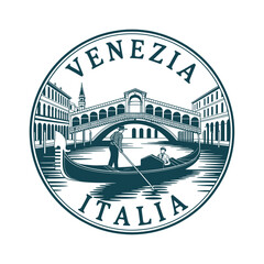 Vintage venice italy travel emblem featuring gondola and iconic architecture © MSTMORSHEDA