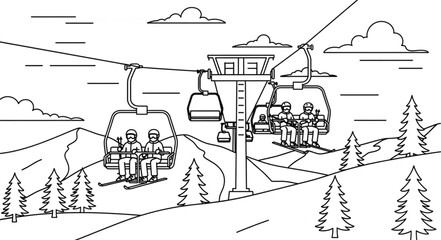 Fototapeta premium Ski lift transporting people up a snowy mountain slope.