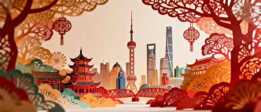 Paper art of Shanghai cityscape with traditional elements