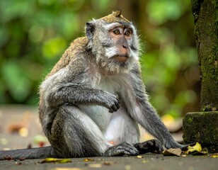 Obraz premium Pensive monkey sits near a mossy stone structure in lush greenery, looking off to side