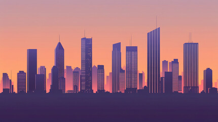 Obraz premium Modern minimalist city skyline at golden hour, vector art style, clean geometric buildings silhouettes, warm sunset gradient from peach to deep purple, architectural line art details, urban landscape,