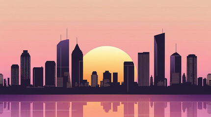 Obraz premium Modern minimalist city skyline at golden hour, vector art style, clean geometric buildings silhouettes, warm sunset gradient from peach to deep purple, architectural line art details, urban landscape,