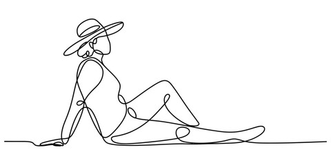 Minimalist single line art illustration of a fashionable woman wearing a wide-brimmed hat. Vector, illustration © D-Stocker2026