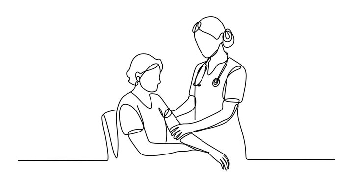 Continuous line drawing of a female nurse examining a patient arm in a medical clinic environment. Vector, illustration