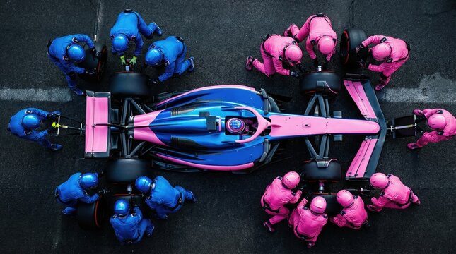 Top down view blue and pink formula race car during synchronized pit stop. Concept of race strategy execution, competitive team coordination, high speed automotive performance service.