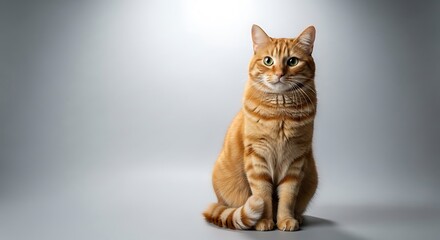Obraz premium A single ginger tabby cat sits elegantly with a soft spotlight on a neutral background.