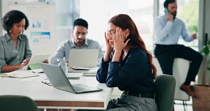 Finance, fatigue or woman in agency with headache, brain fog or audit mistake on budget report. Migraine, coworking or analyst in workplace with tech, burnout or bookkeeping error in cost review.