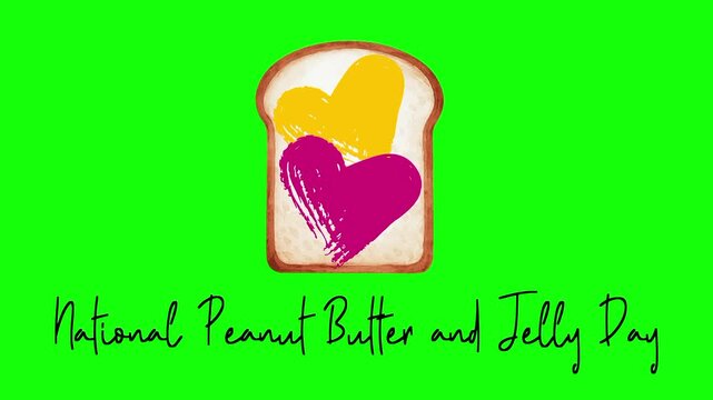 National Peanut Butter and Jelly Day text animation concept with bread, love jam spread vector popup. Animated word design, lettering motion graphic video template with green screen background.