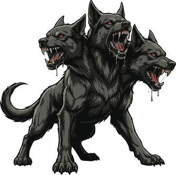 Cerberus Three Headed Dog Vector Illustration: Mythological Hellhound Mascot.
