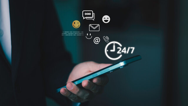 customer support chat system available 24/7 on smartphone. Digital communication, automated response service, chatbot assistance, and online business support technology concept.