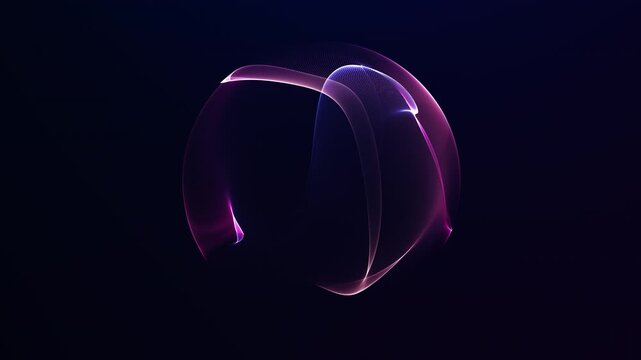 Glowing pink blue purple energy orb with smooth flowing light waves and digital particle motion on dark background. Futuristic abstract sphere animation, seamless loop, 4K 60fps.