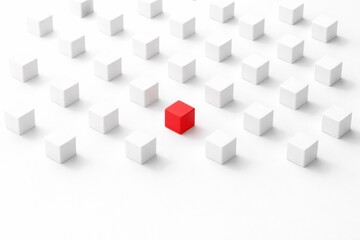 Obraz premium A single red cube stands out among many white cubes arranged in a grid pattern on a white background.