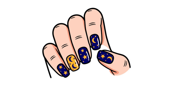 Illustration of a hand displaying colorful painted fingernails with numbers and symbols