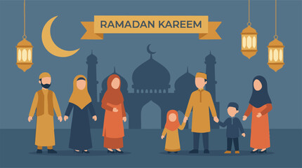 Ramadan Kareem greeting with Muslim family and mosque flat illustration © Pixelaraf