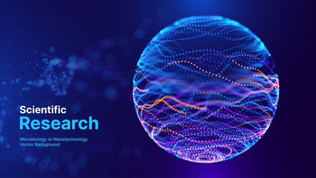 Scientific Research Background with Microscopic Cellular Forms and Data Metrics. Biotechnology, Medicine, and Nanoscience Technology Concept. Vector Illustration.